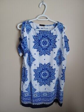 Women's Size M Polyester White Blue Black Design Casual Summer Dress Fashion